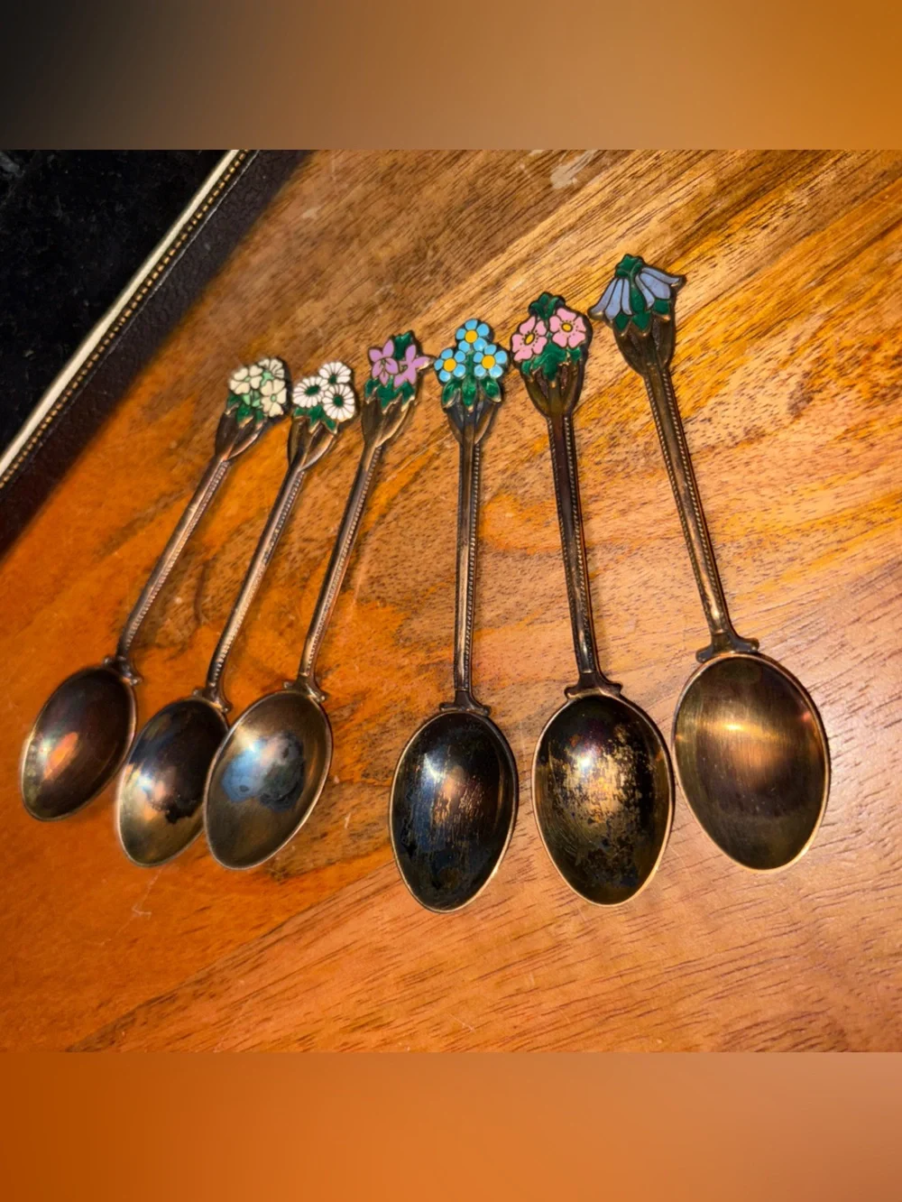 T&S Turner & Simpson Sterling Enamel Floral Demitasse Spoon Set (6) In Box UK